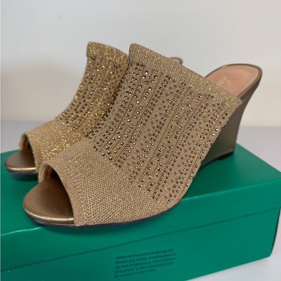 Lauren Lorraine Shoes Womens Size 9 Gold Martha Wedge Heels Sparkle Slide - Picture 1 of 8